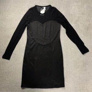 NWT H&M HM Black Mesh Sheer See-Through Back Long Sleeve Pencil Dress, Size 8